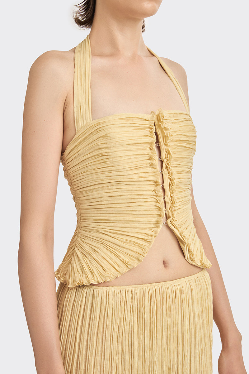 Yellow mustard lotus leaf mini top from Stolen Stores, featuring a stylish, lightweight design and floral-inspired pattern.