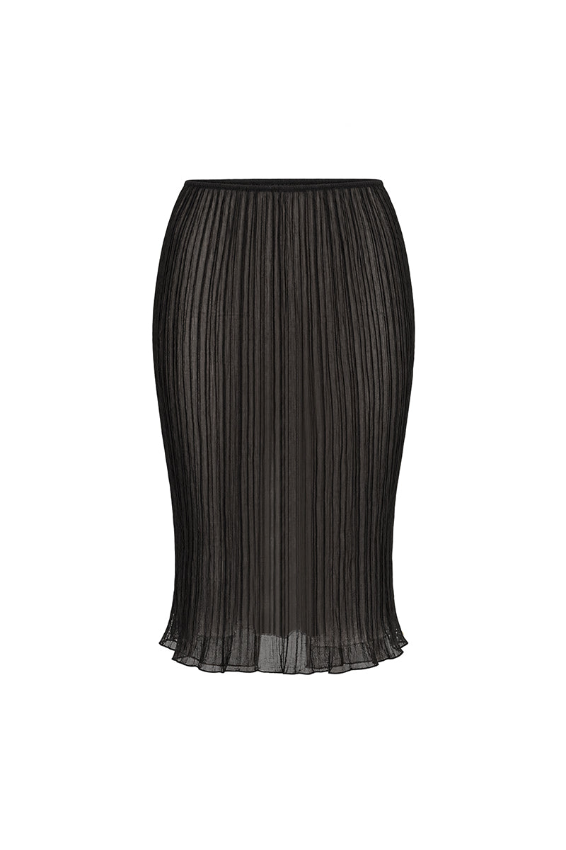 Black Lotus pleated knee-length midi skirt from Stolen Stores, shown with a flowing, pleated design on a neutral background.
