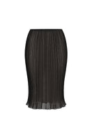 Black Lotus pleated knee-length midi skirt from Stolen Stores, shown with a flowing, pleated design on a neutral background.