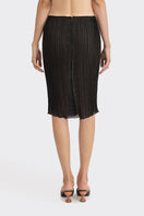 Black Lotus pleated knee-length midi skirt by Stolen Stores, featuring elegant pleats and a classic silhouette.