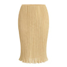 Yellow lotus pleated knee-length midi skirt by Stolen Stores, showing the flowing fabric and pleated design.