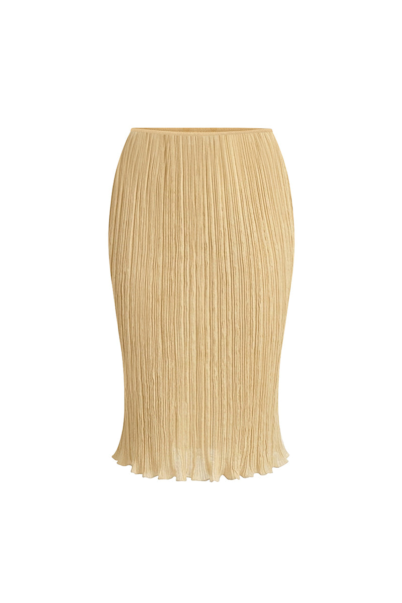 Yellow lotus pleated knee-length midi skirt by Stolen Stores, showing the flowing fabric and pleated design.