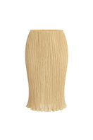 Yellow lotus pleated knee-length midi skirt by Stolen Stores, showing the flowing fabric and pleated design.