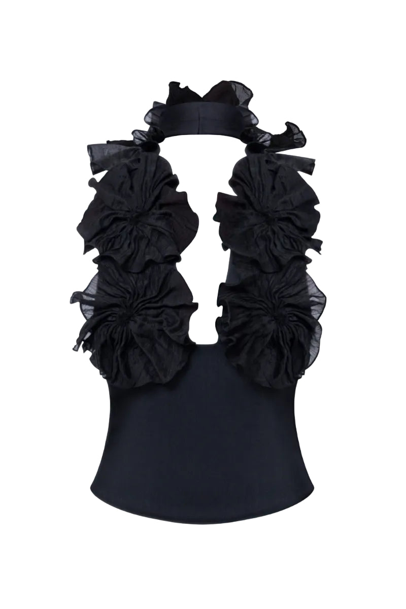 Black Lotus Leaf Mini Top by Stolen Stores, stylish short-sleeve blouse with lotus leaf design and relaxed fit.