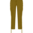 Green low-rise eyelet capri pants by Tayfun Kaba, featuring a stylish cut and eyelet detailing, shown on a model.