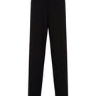 Black low-rise straight trousers by Tayfun Kaba, shown flat with front and side view, highlighting sleek, tailored design.