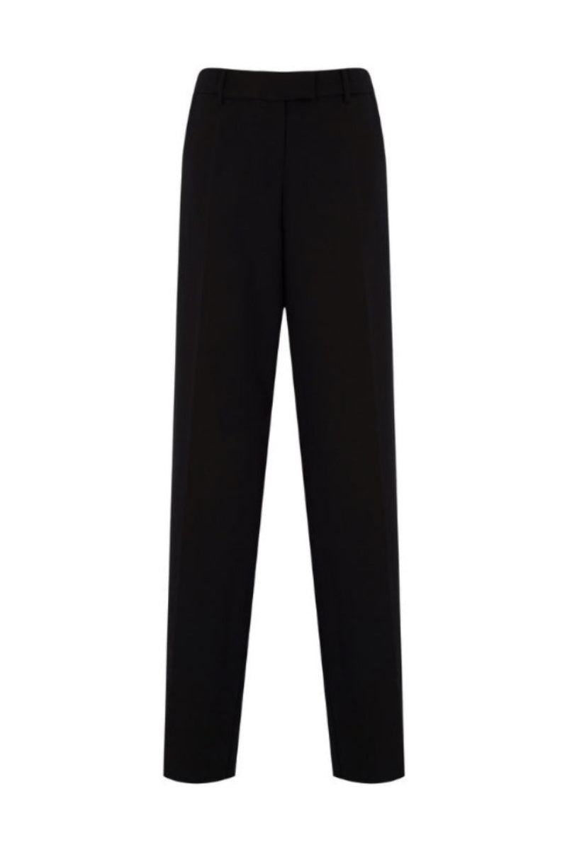 Black low-rise straight trousers by Tayfun Kaba, shown flat with front and side view, highlighting sleek, tailored design.