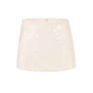 Beige low waist clear sequin mini skirt from Stolen Stores, showcasing shiny sequins and a sleek, fitted silhouette.