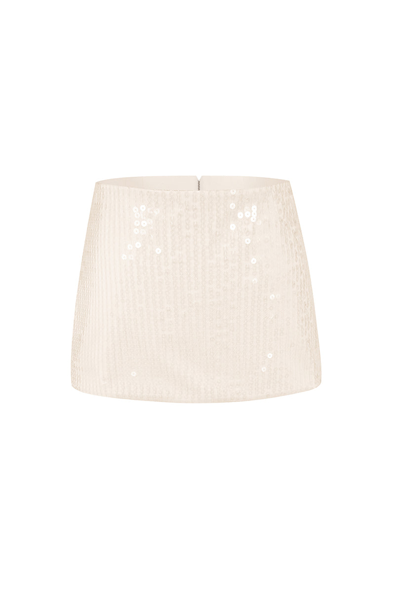 Beige low waist clear sequin mini skirt from Stolen Stores, showcasing shiny sequins and a sleek, fitted silhouette.