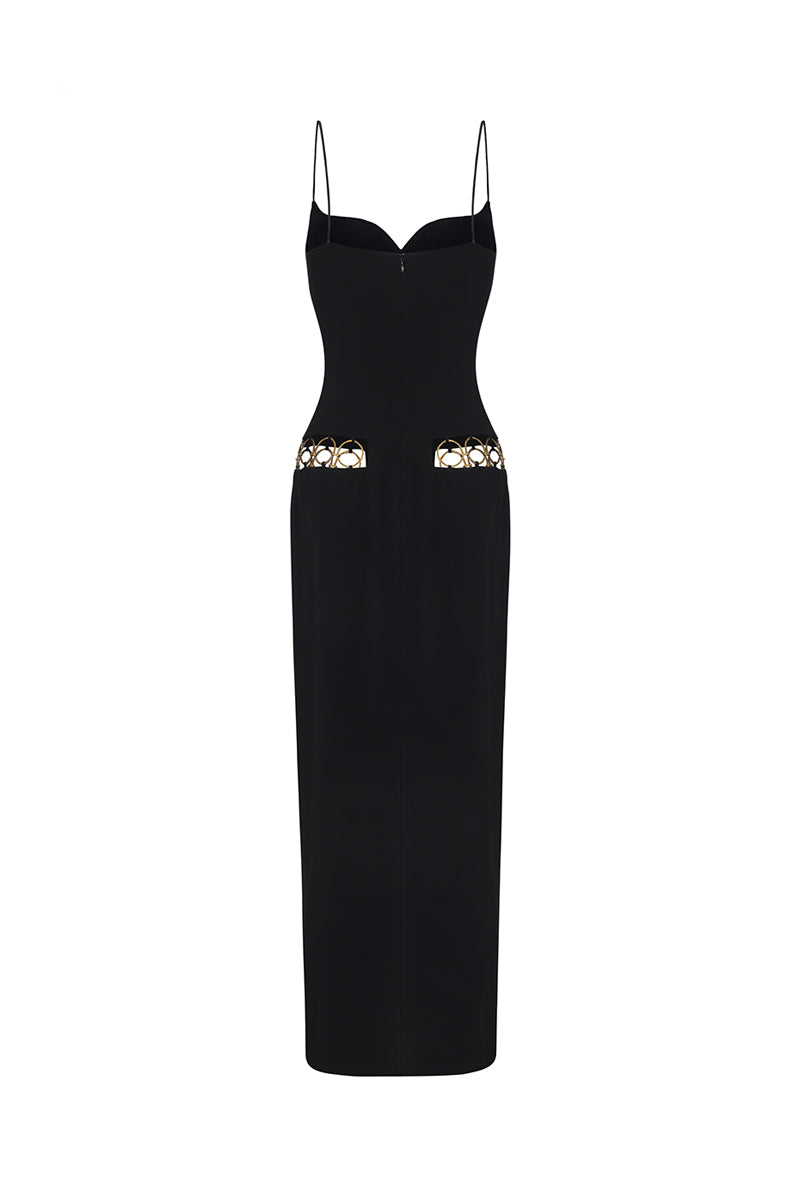 Black Luciana maxi dress by Nana Jacqueline with ring cutout detail, shown from the back on a model.