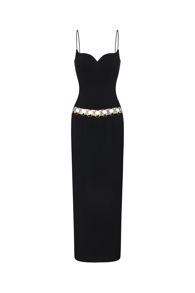Black Luciana dress by Nana Jacqueline, a stylish maxi dress featuring ring cutout details, shown from the front.