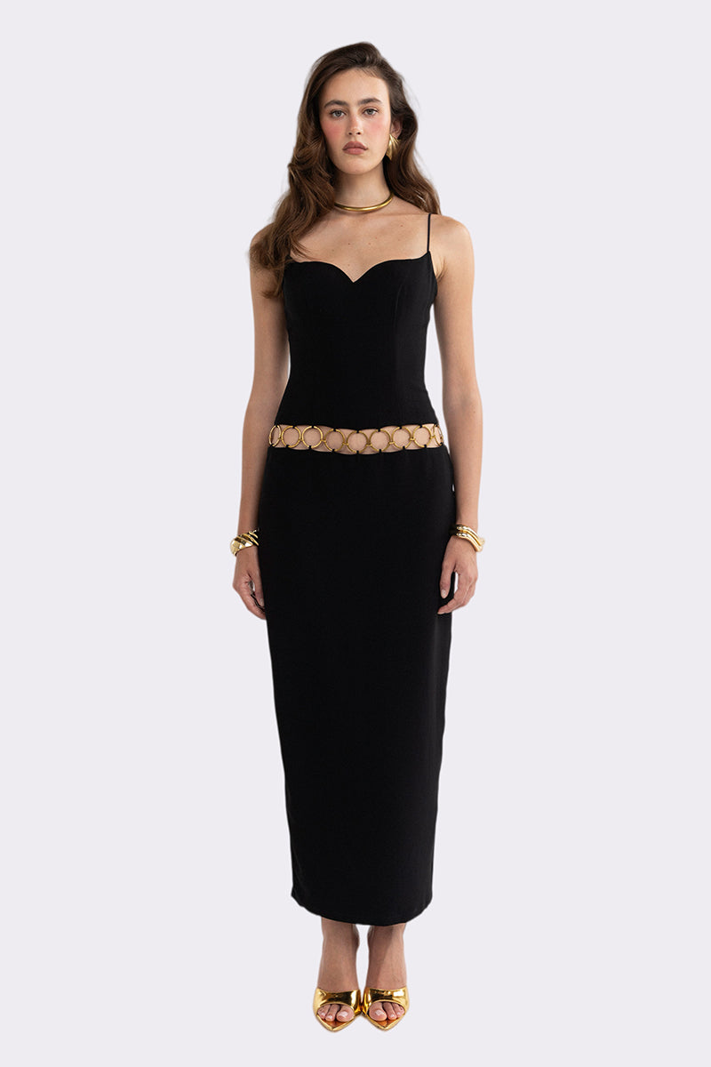 Black Luciana maxi dress by Nana Jacqueline featuring ring cutout details, stylish and elegant for sophisticated occasions.