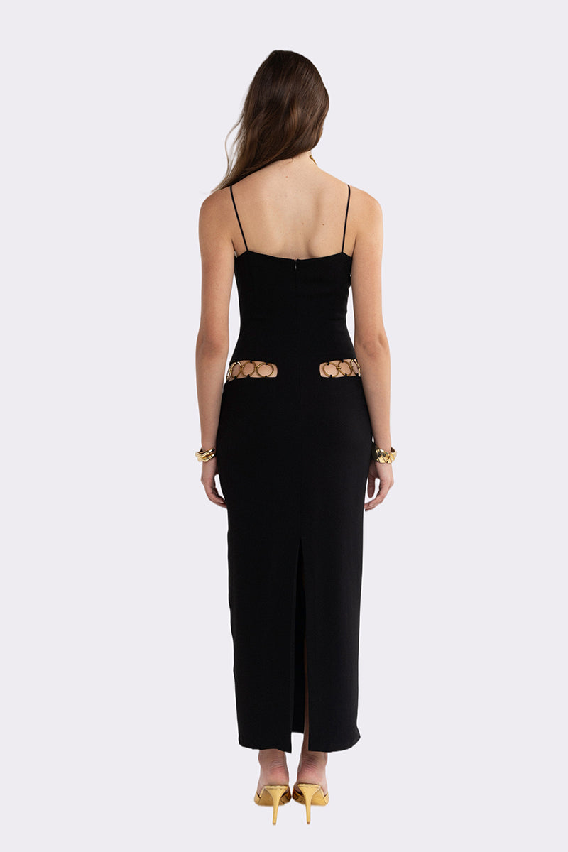 Black Luciana Maxi Dress by Nana Jacqueline featuring ring cutout details, elegant and flowing fabric for stylish occasions.