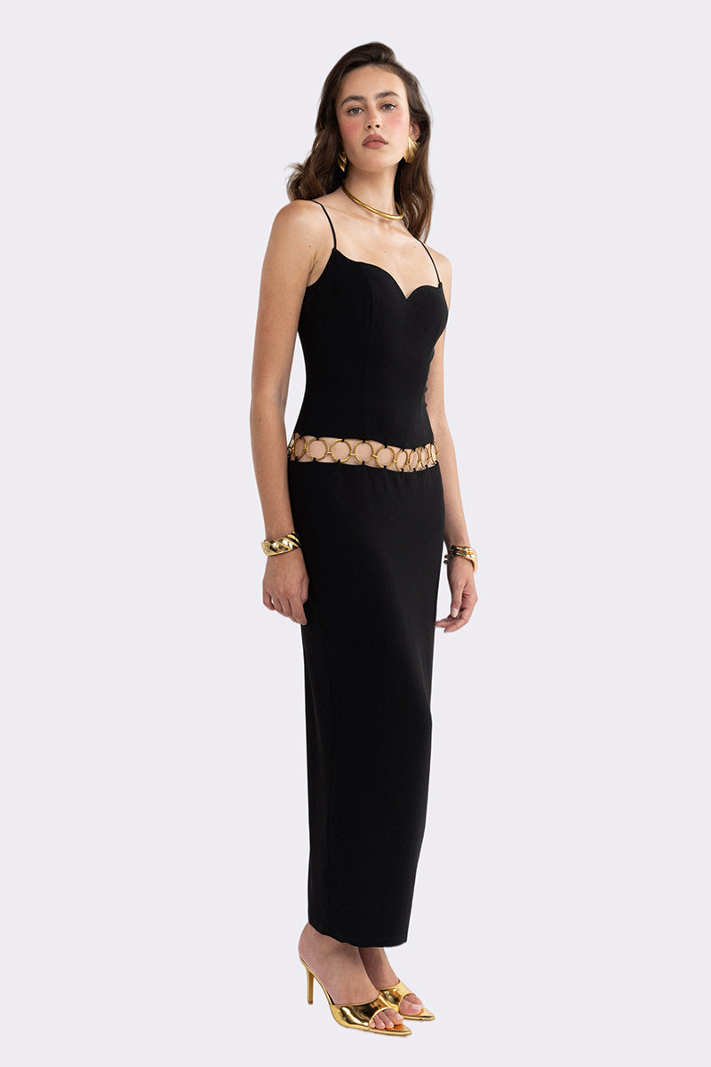 Black Luciana maxi dress by Nana Jacqueline featuring ring cutout details, elegant and flowing for stylish occasions.