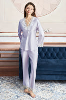 Manito women's silk V-neck pajama set featuring a comfortable, elegant design with a smooth, shiny fabric and relaxed fit.