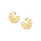 Golden wavy hoop earrings by Maria Frering with textured, shiny finish, featuring a stylish, modern design.