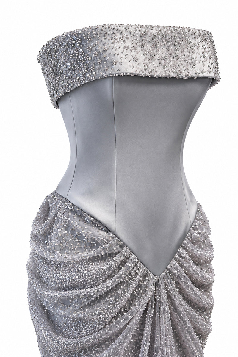 Urban Muse Lumera gown in grey, elegant long dress with flowing fabric and trendy design, perfect for formal occasions.