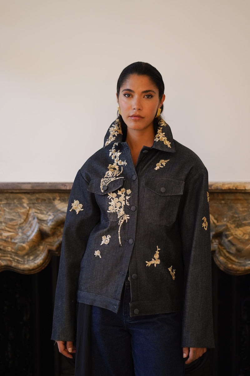 Nadya Shah LUMIN dark denim jacket, stylish casual outerwear with classic denim design and button-front closure.