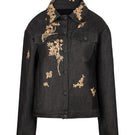Nadya Shah LUMIN dark denim jacket on a mannequin, front view showcasing classic style and detailed stitching.
