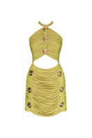Gigii's Lumina mini dress displayed on a hanger, showcasing its stylish design and vibrant color perfect for casual or evening wear.