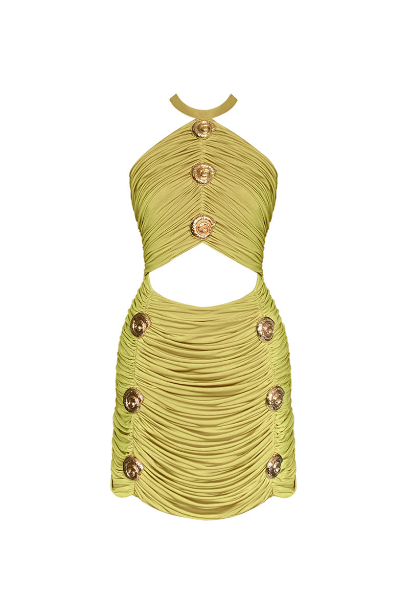 Gigii's Lumina mini dress displayed on a hanger, showcasing its stylish design and vibrant color perfect for casual or evening wear.