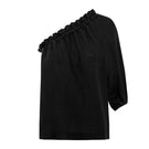 Black linen one-sleeve top by Labeca, featuring a stylish asymmetrical design and smooth fabric, perfect for casual or dressy occasions.