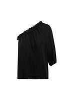 Black linen one-sleeve top by Labeca, featuring a stylish asymmetrical design and smooth fabric, perfect for casual or dressy occasions.
