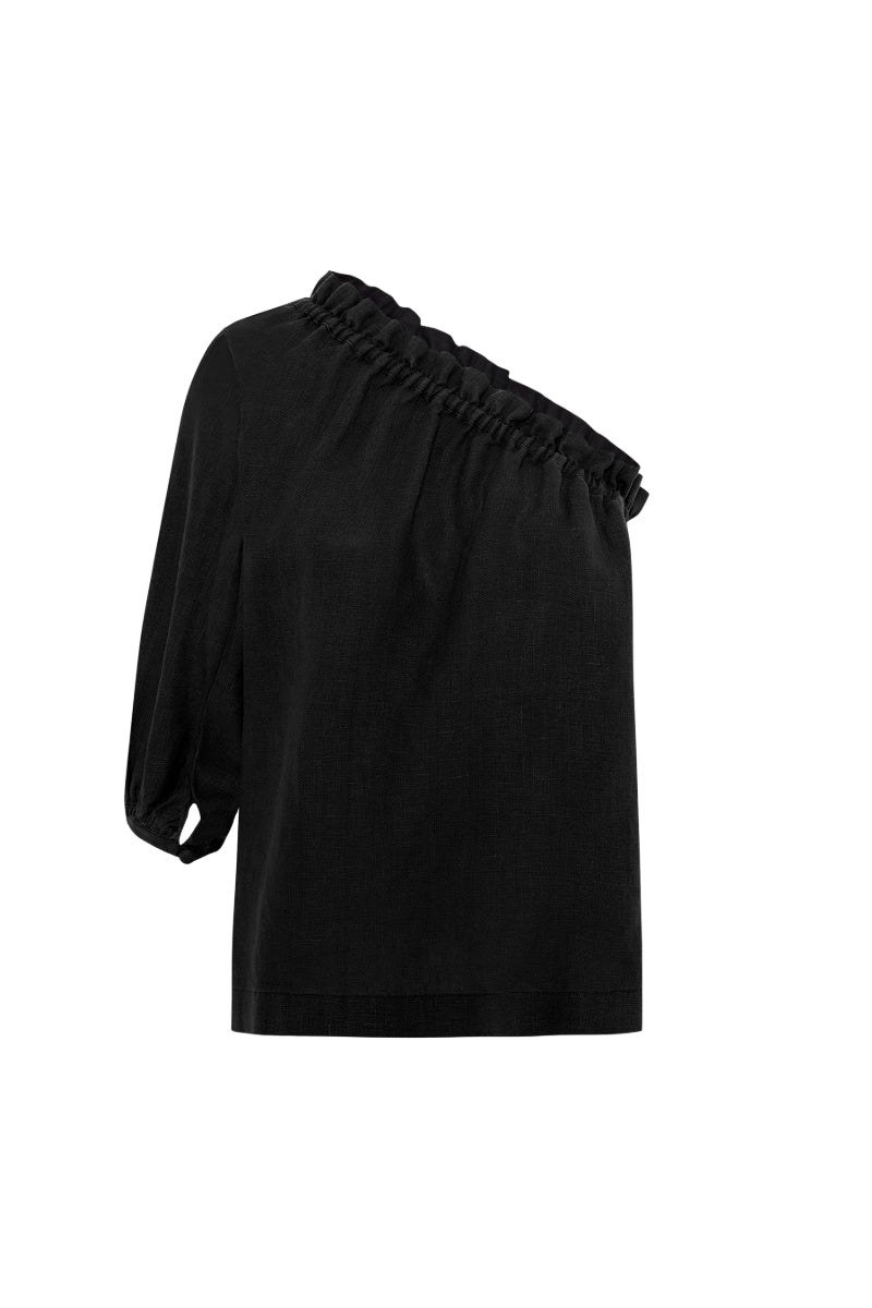 Labeca Luna Black Linen One-Sleeve Top, stylish black linen top with a single sleeve, showcased on a model.