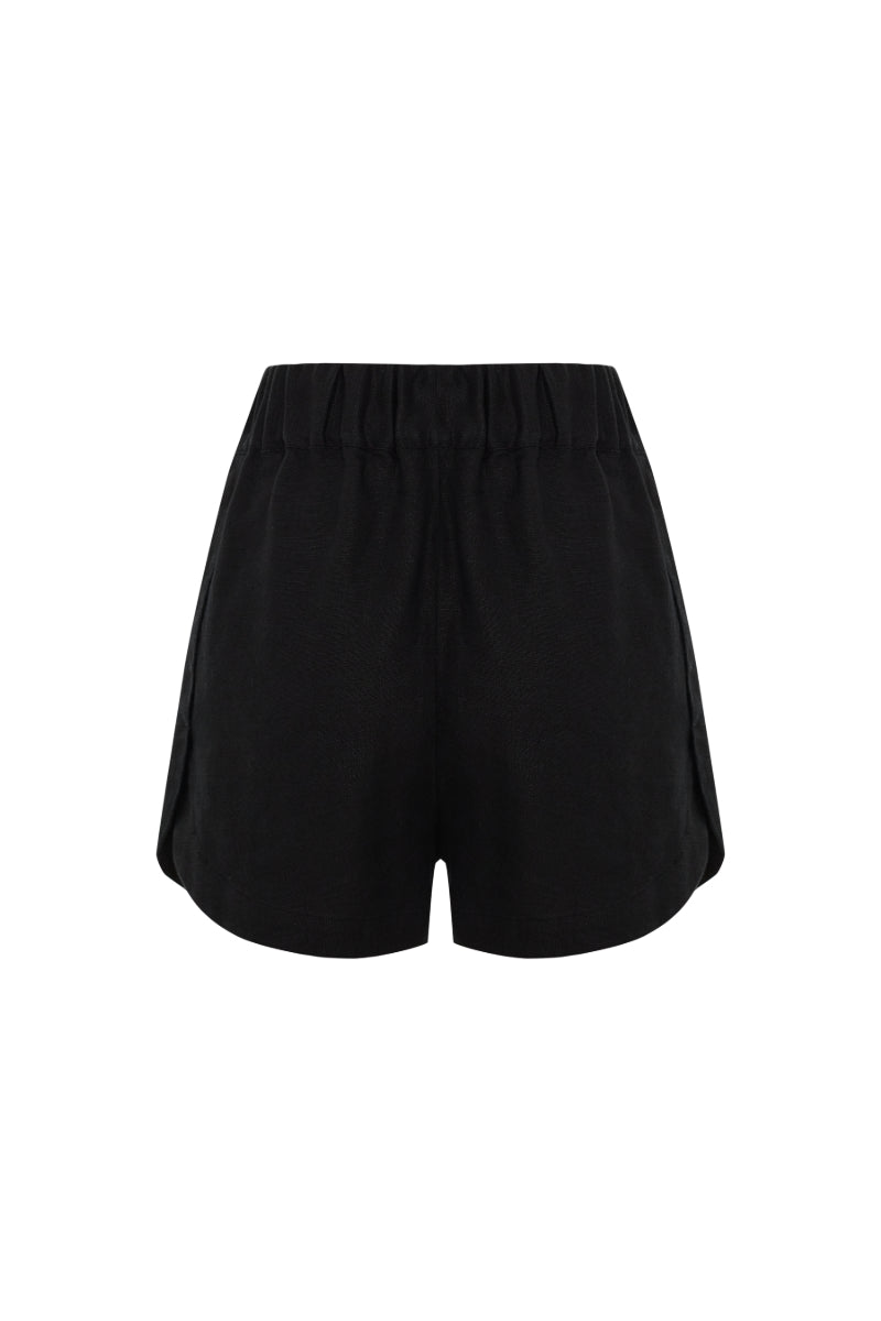 Black linen shorts from Labeca's Luna collection, featuring a stylish and comfortable design perfect for warm weather.