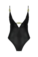 Shiny black Luna One Piece swimsuit by Maliluha, featuring a sleek, form-fitting design perfect for swimming or beachwear.