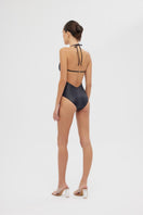 Shiny black Luna one-piece swimsuit by Maliluha featuring a sleek, form-fitting design and stylish shoulder straps.