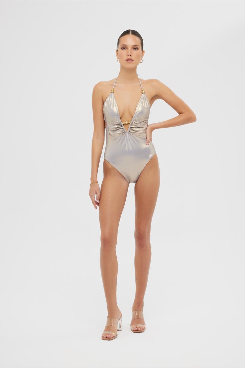 Shiny mocha Luna one-piece swimsuit by Maliluha featuring a sleek design and comfortable fit, perfect for beach or poolside.