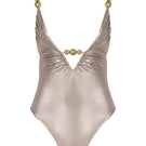 Shiny mocha Luna one-piece swimsuit by Maliluha featuring a sleek, fitted design displayed on a mannequin.