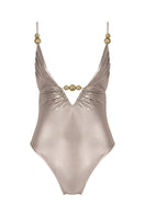 Shiny mocha Luna one-piece swimsuit by Maliluha featuring a sleek, fitted design displayed on a mannequin.