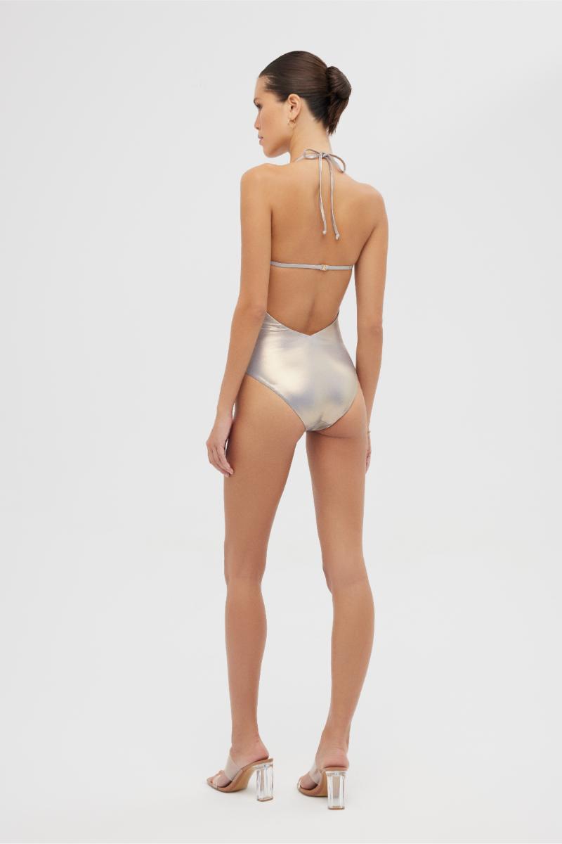 Shiny mocha Luna one-piece swimsuit by Maliluha featuring a sleek, form-fitting design and stylish neckline.