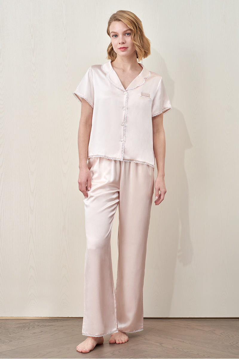 Pink Lunavie silk short sleeve pajama set for women by MANITO, shown in a comfortable, lightweight fabric with a relaxed fit.