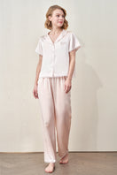 Pink Lunavie silk short sleeve pajama set for women by MANITO, featuring a comfortable and elegant sleepwear design.