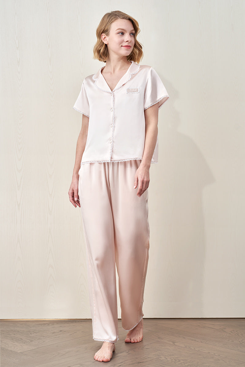 Pink Lunavie silk short sleeve pajama set for women by MANITO, featuring a comfortable and elegant sleepwear design.