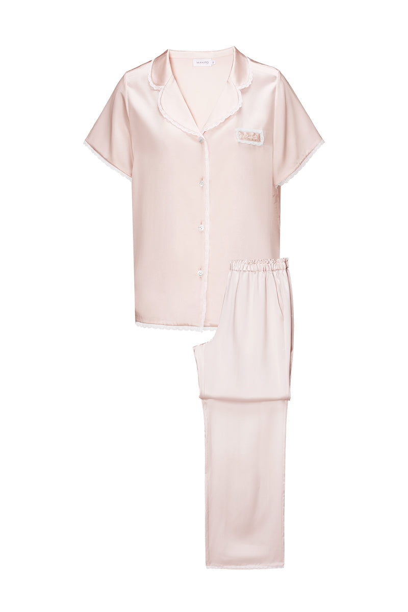 Pink silk short sleeve pajama set for women by Manito, featuring a comfortable and elegant sleepwear design.