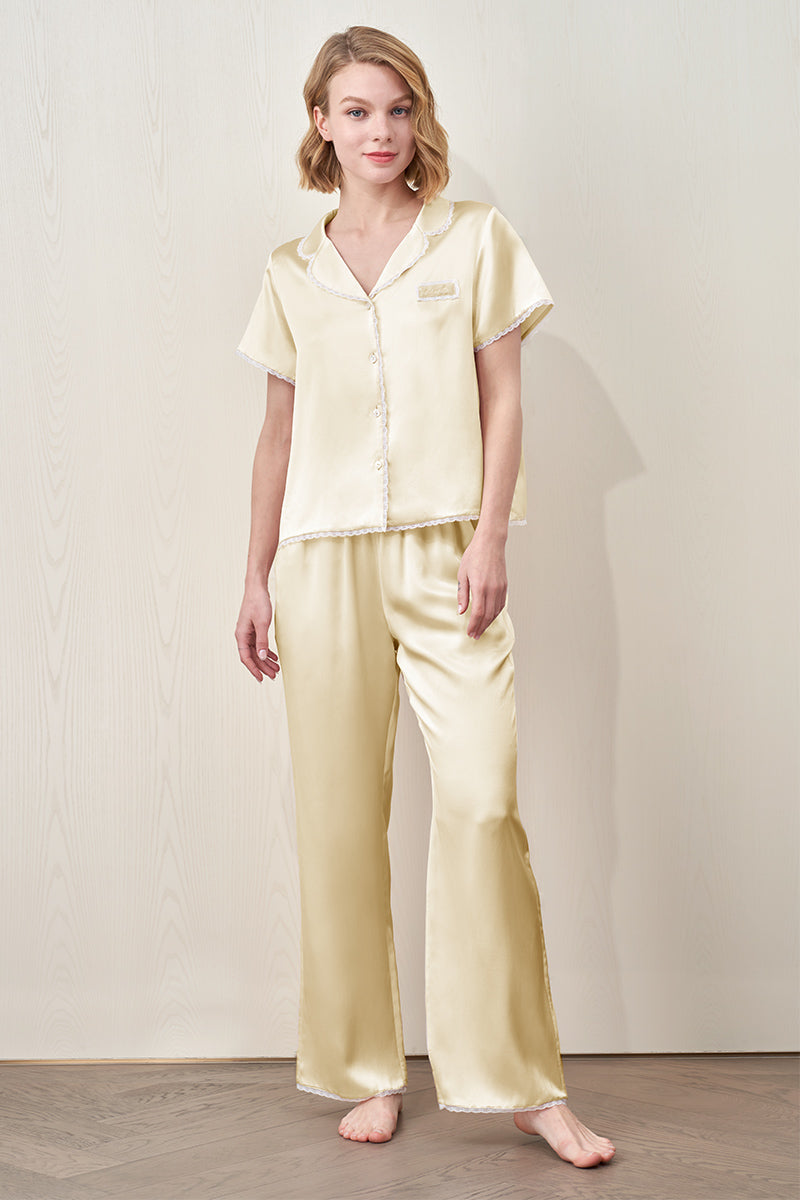 LUNAVIE SILK SHORT SLEEVE PAJAMA SET IN YELLOW - CULT MIA