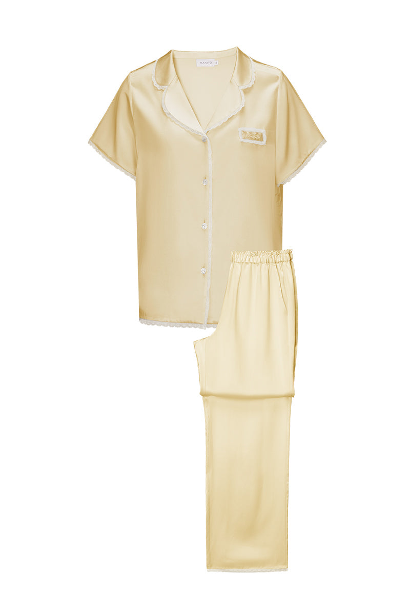 LUNAVIE SILK SHORT SLEEVE PAJAMA SET IN YELLOW - CULT MIA