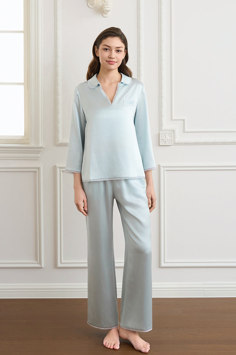LUNAVIE WOMEN’S SILK V-NECK PAJAMA SET