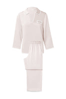 Lunavie women's silk V-neck pajama set by Manito, featuring smooth satin fabric and relaxed fit, perfect for comfortable sleepwear.