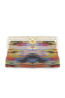 Colorful Sarah's Bag Lush Grace clutch with multicolor woven design and elegant shape, perfect for stylish accessories.