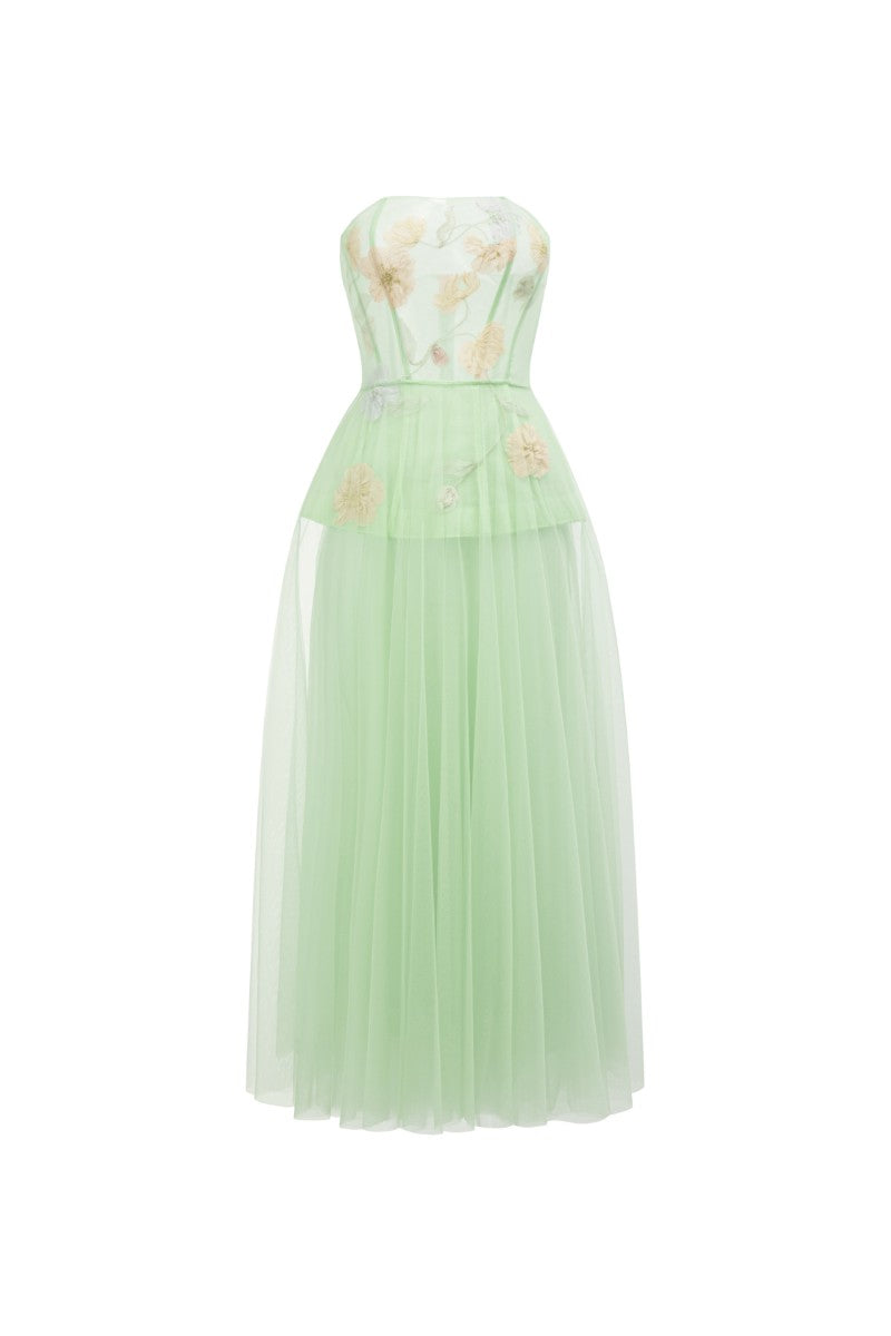 Mint tulle flower gown by 21Six featuring a delicate floral design and elegant silhouette.
