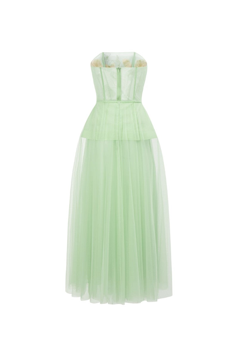 Mint tulle flower gown by 21Six, featuring layered tulle fabric and floral embellishments, perfect for special occasions.