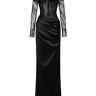 Black silk satin gown by 21Six featuring delicate lace detailing and a flowing, elegant design.
