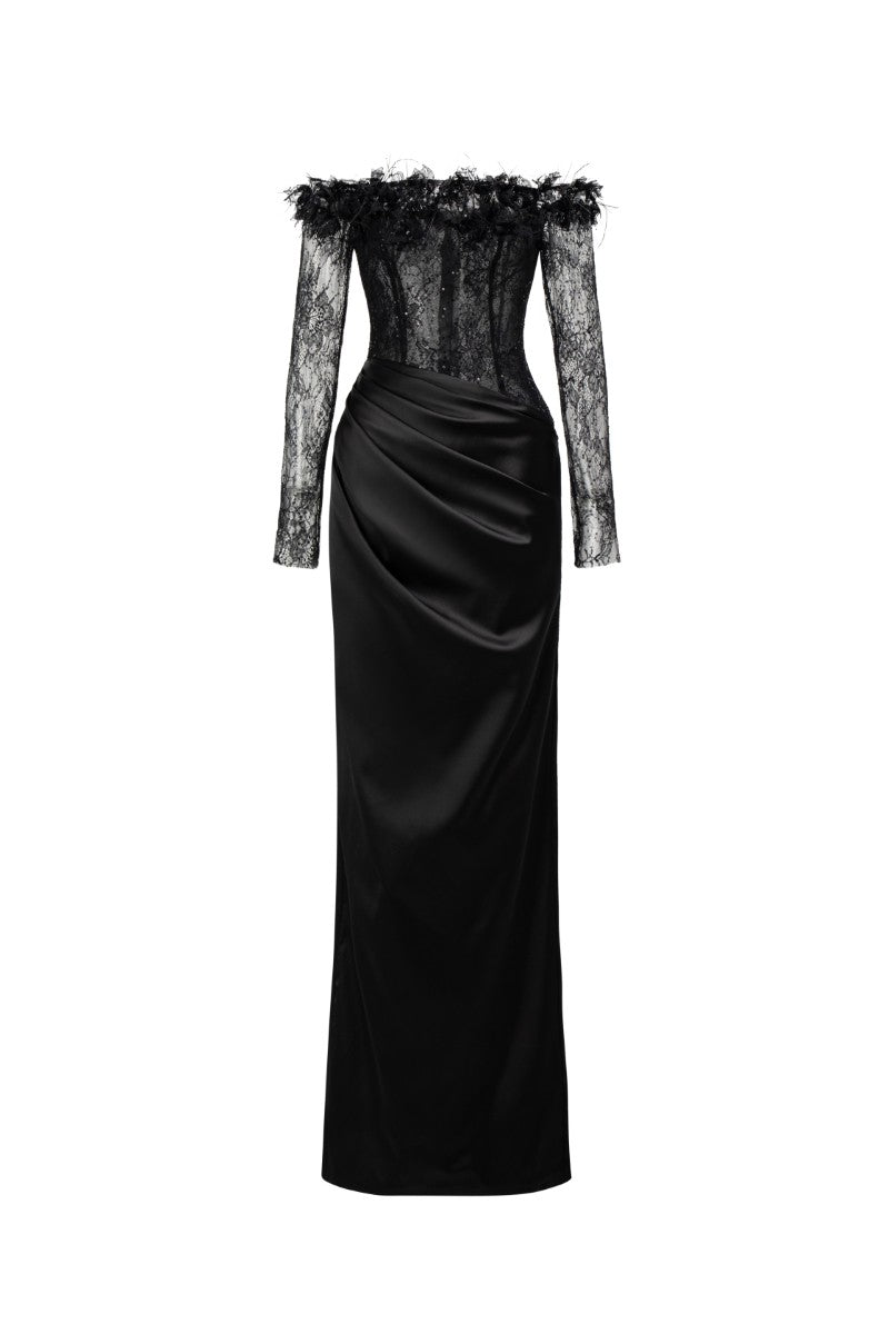 NAMLA LACE AND SILK SATIN DRESS IN BLACK - CULT MIA