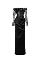 Black silk satin gown by 21Six featuring delicate lace detailing and a flowing, elegant design.