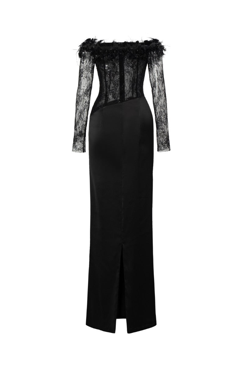 black silk dress with lace NAMLA LACE AND SILK SATIN DRESS IN BLACK | CULT MIA